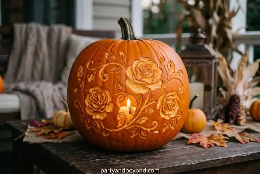 Elegant rose flower pumpkin carving with detailed relief petals.