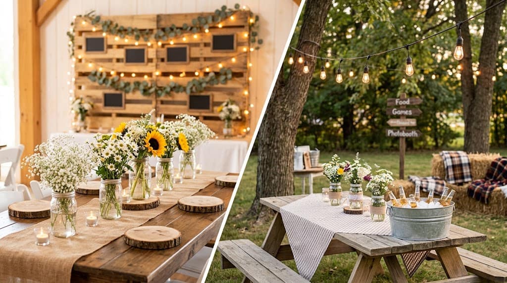 Rustic outdoor and indoor party setup with floral centerpieces and cozy decor.