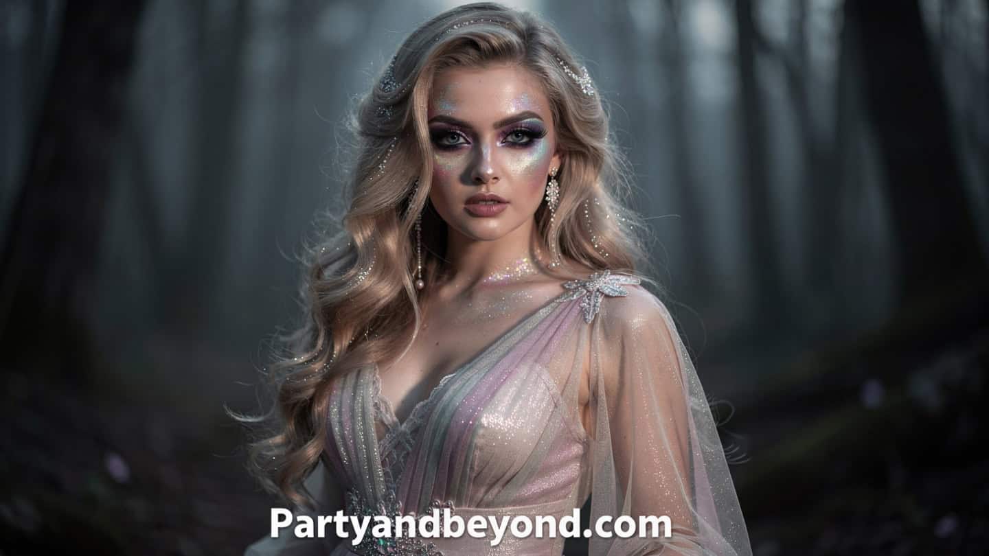 Fairycore Halloween makeup with pastel eyeshadow, holographic shimmer, and rhinestone accents