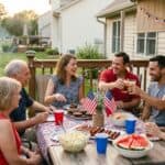 How to Plan the Perfect July 4th Weekend with Out of Town Guests Family backyard barbecue celebration with friends and American flags.