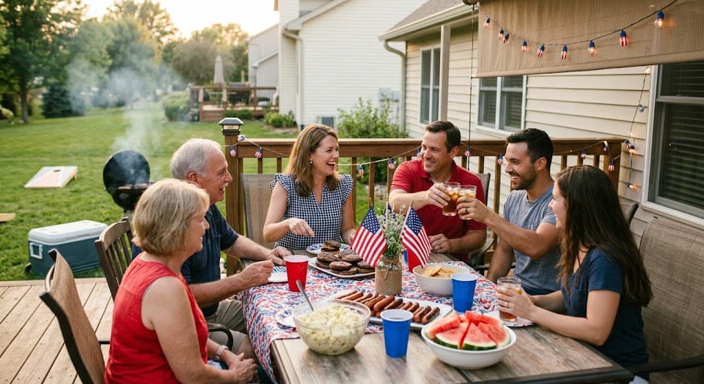 Family backyard barbecue celebration with friends and American flags.