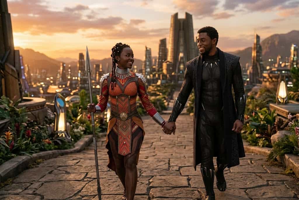 Black Panther-inspired couple costume with Wakanda-themed outfits and gold accessories.