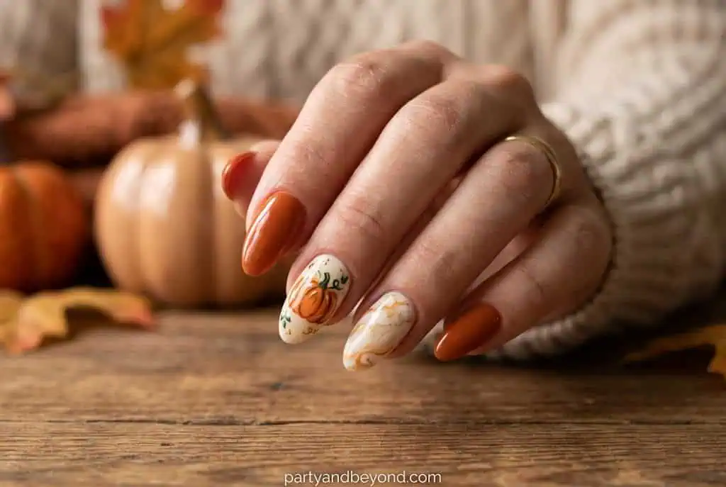 Modern sage green nails with minimalist rust orange pumpkin accent nail.