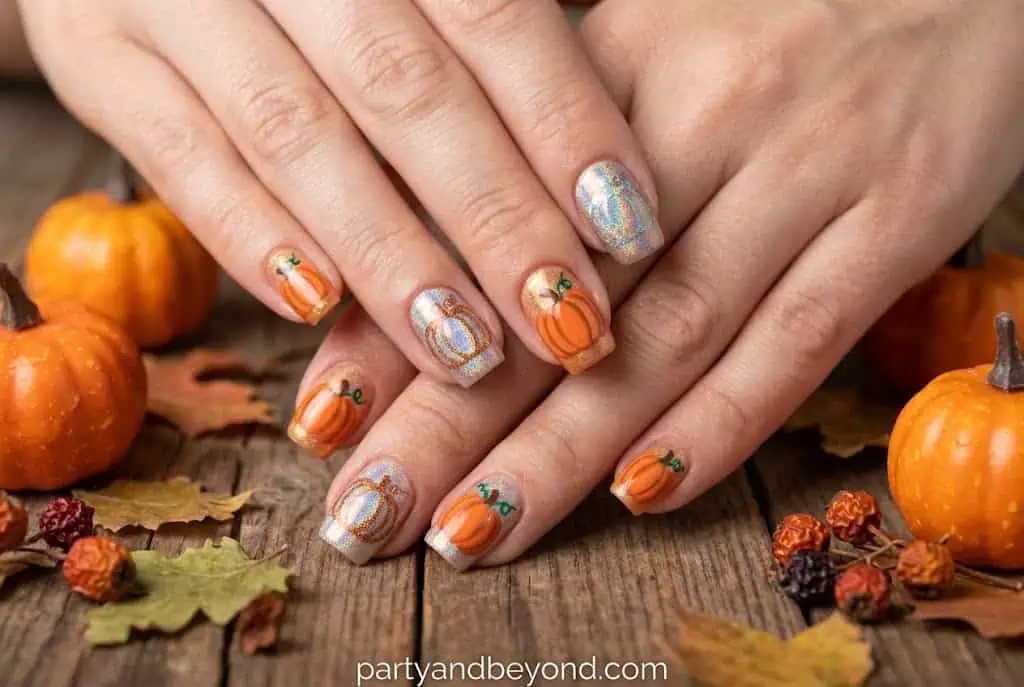 Chrome holographic pumpkin nail art reflecting copper and gold Halloween colors.
