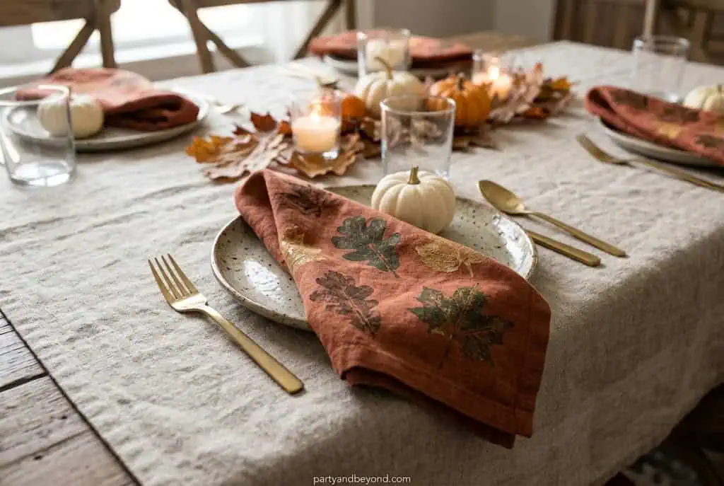 “Hand-stamped leaf print linen napkins on Thanksgiving table setup”