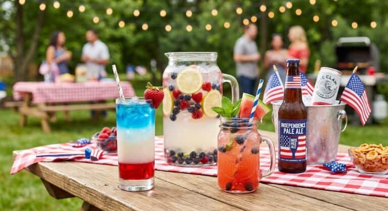 Colorful patriotic cocktails and drinks for 4th of July celebrations outdoors.