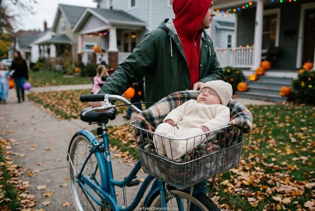 Child in stroller with bicycle during Halloween neighborhood celebration.