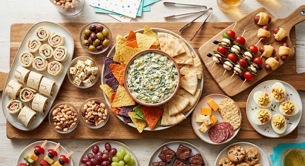 Variety of party snacks including dips, cheese, meats, and finger foods on a wooden table. Perfect f.