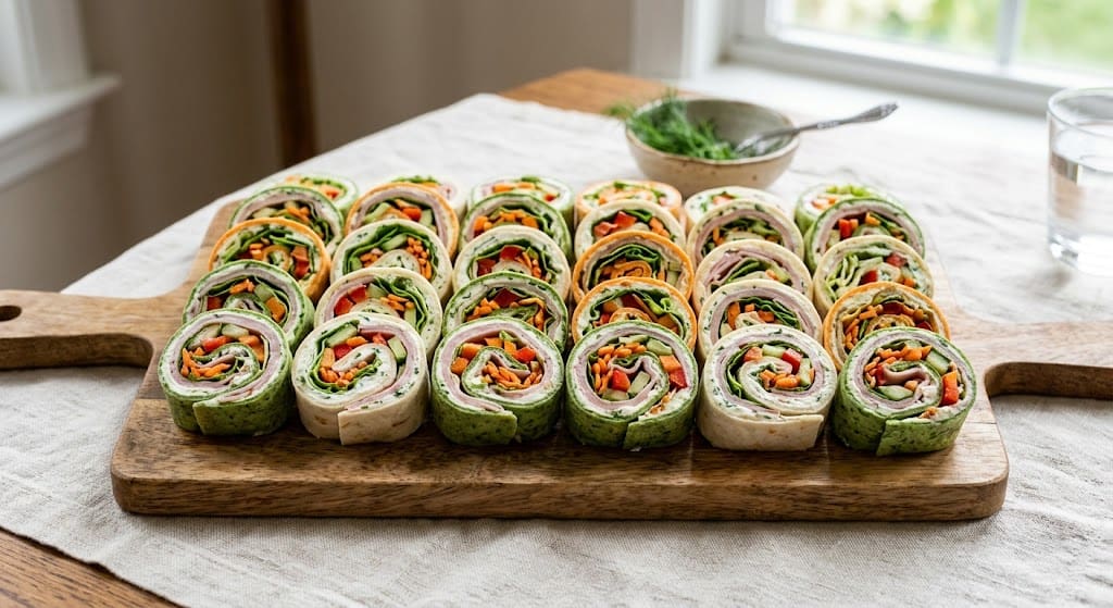 Colorful pinwheel sandwiches with deli meat and cream cheese on a wooden board.