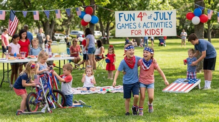 Celebrating Independence Day with kids enjoying outdoor games and patriotic activities at a festive.