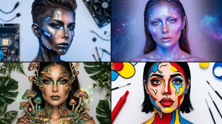 Woman with intricate cyber-inspired makeup and LED accents, futuristic beauty look.