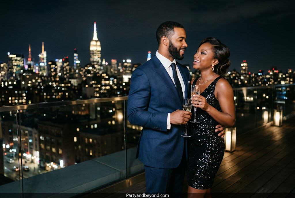 Elegant Black couple costume inspired by Ghost and Tasha from Power with black and white outfits.