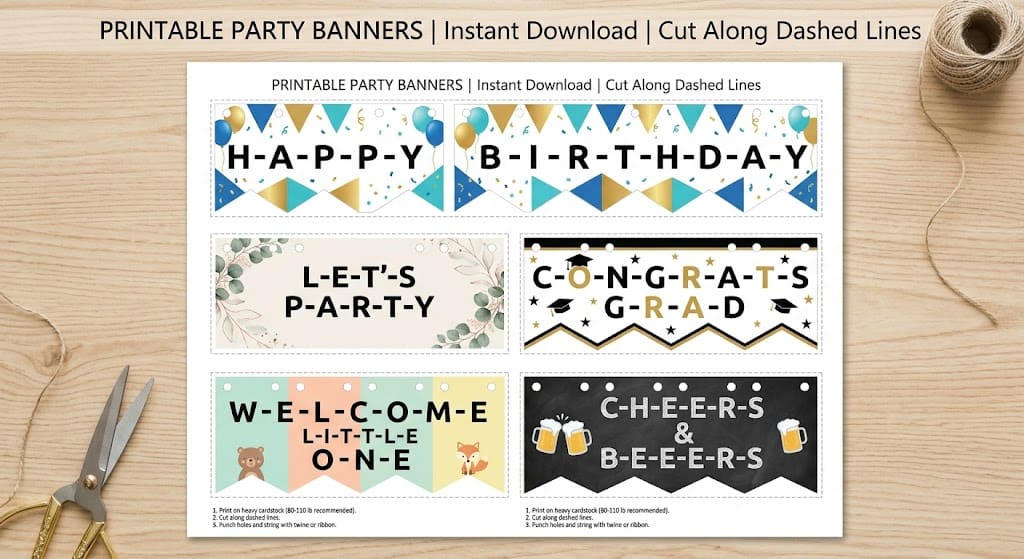 budget party decorations “Printable custom party banner with birthday message hanging on wall décor”