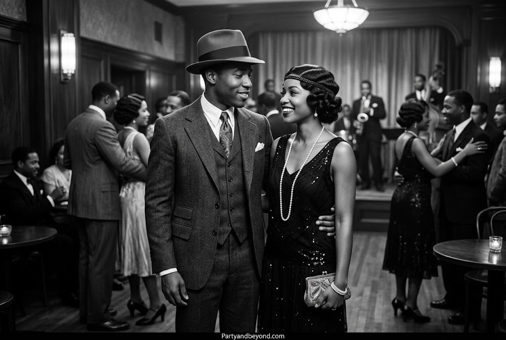 Elegant Harlem Renaissance Halloween costume with flapper dress and vintage pinstripe suit.