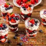 Easy No-Bake 4th of July Desserts Anyone Can Make (2026) Easy 4th of July no-bake desserts spread on a patriotic table with watermelon flag cake, Oreo pops, fruit skewers, and Jello cups