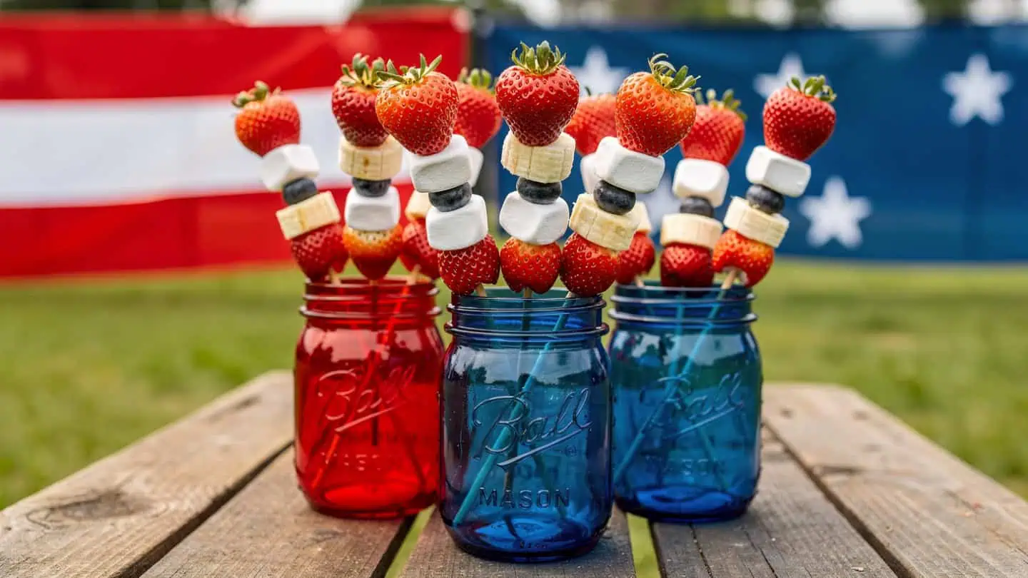 Patriotic fruit skewers with strawberries, bananas, marshmallows, and blueberries displayed in mason jars for 4th of July party