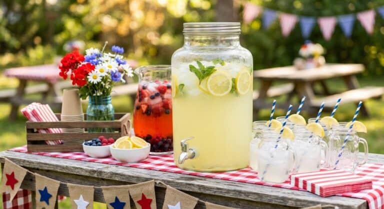 Outdoor July 4th drink station with lemonade, berry-infused water, and patriotic decorations.