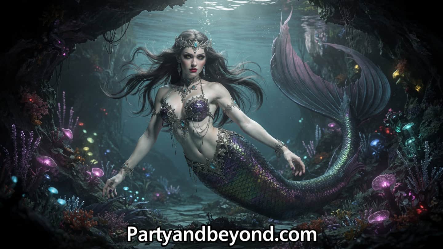 Mermaid Halloween makeup with blue green scales, glitter highlights, and ocean inspired design