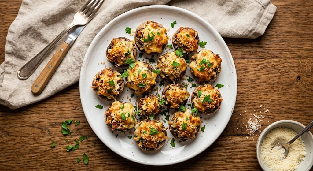 Baked stuffed mushrooms with cheese and herbs on a white serving plate.