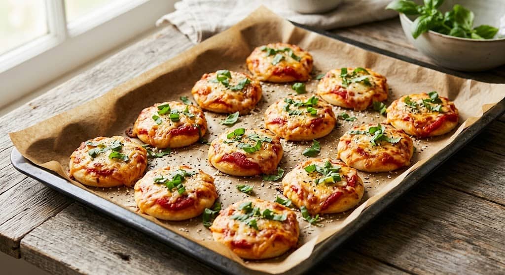 Mini pizza bites with melted cheese and fresh basil on a baking tray.