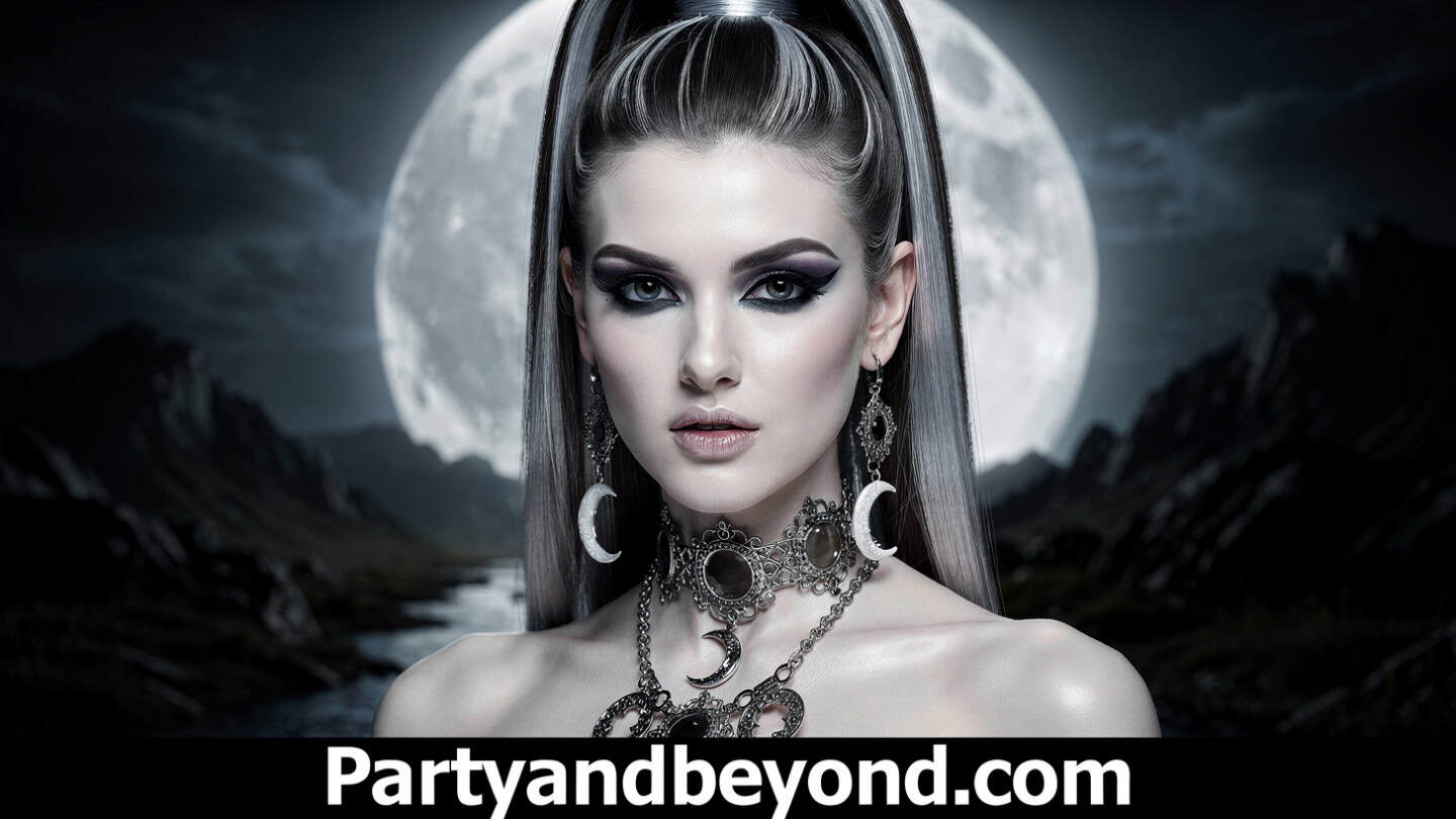 Moon goddess Halloween makeup with silver glow, crescent moon designs, and star rhinestones