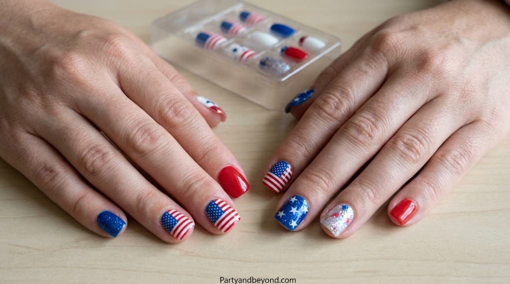 Pre-designed press-on nails with full patriotic 4th of July nail art designs.