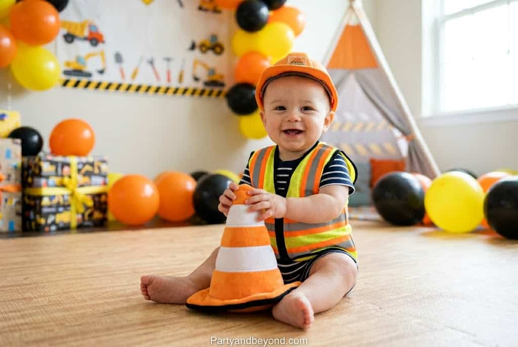 Baby at construction-themed birthday party with colorful balloons and decorations.