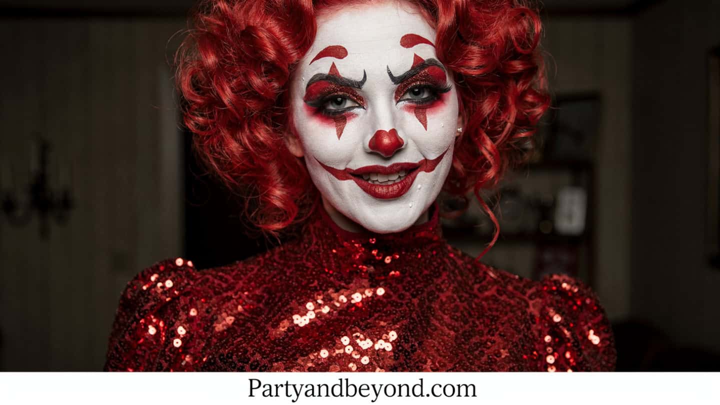 Woman dressed as a clown with red curly hair, white face paint, and red makeup accents.