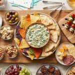 20 Easy Party Snack Ideas That Everyone Loves (With Make-Ahead Tips) Variety of party snacks including dips, cheese, meats, and finger foods on a wooden table. Perfect f.