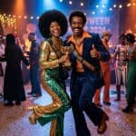 27 Couple Halloween Costumes for Black Couples That Actually Win the Night People dancing at Halloween themed party with costumes and decorations.