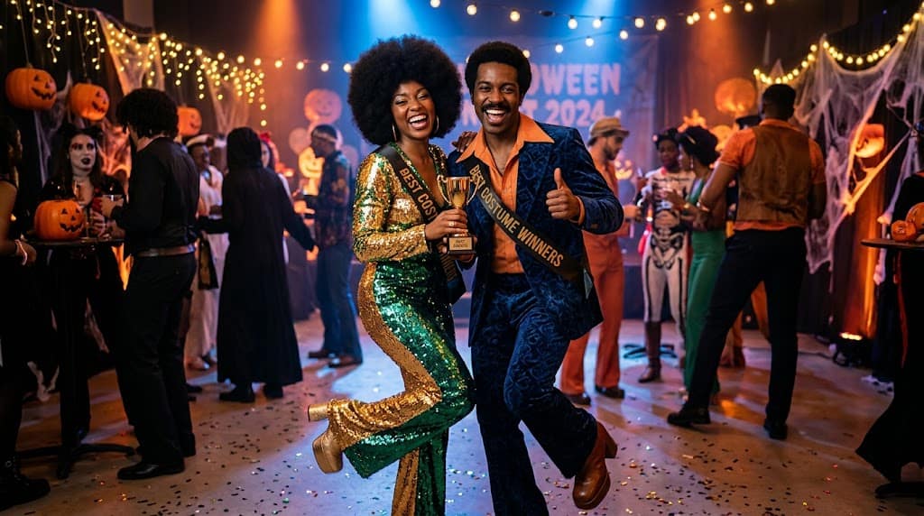 People dancing at Halloween themed party with costumes and decorations.