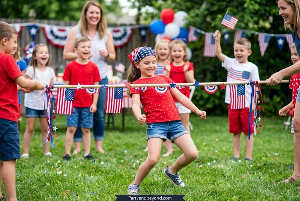 Children enjoying a fun outdoor party with American flags and festive decorations.
