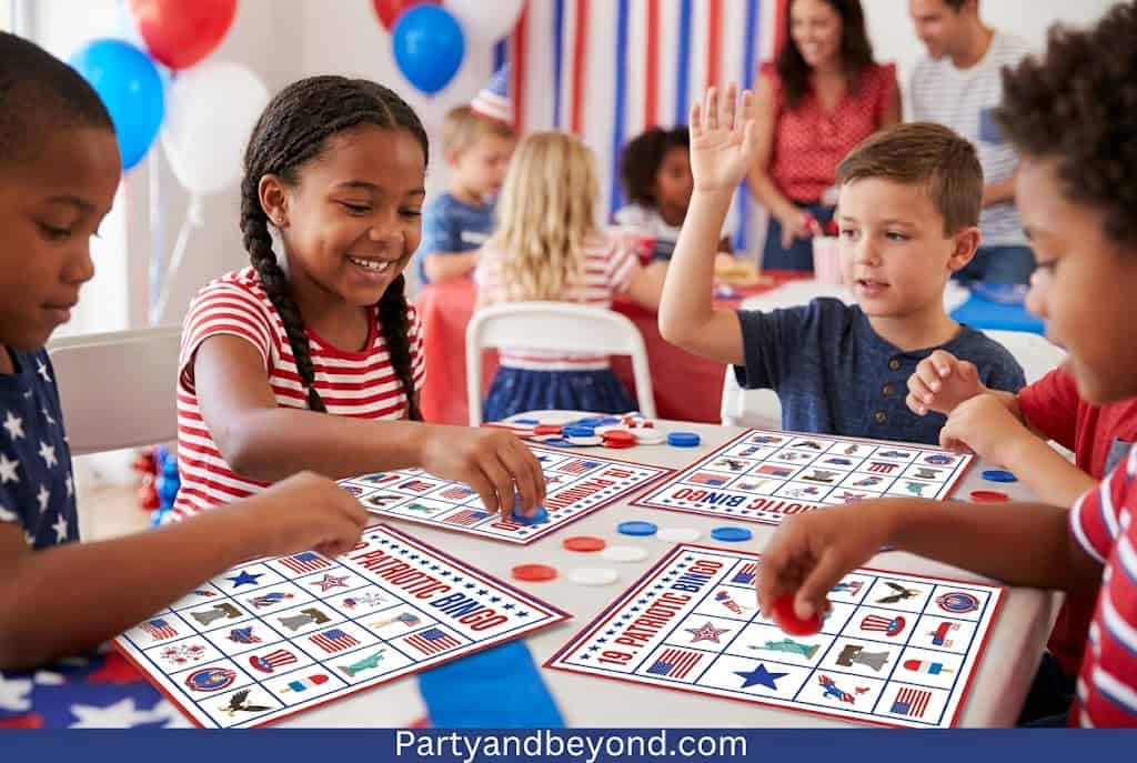 Children playing bingo game at a festive birthday party with balloons and decorations.