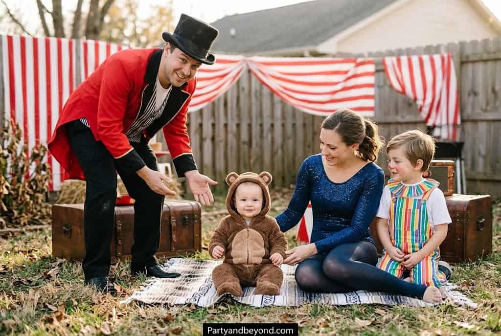 Family enjoying outdoor birthday party with children in costumes and festive decorations.