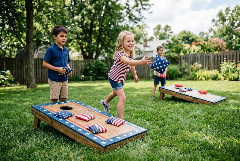 Outdoor kids' bean bag toss game at a birthday party in the backyard.