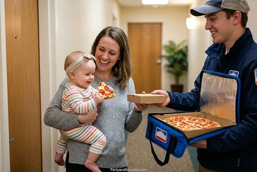 Delivery person handing pizza box to smiling woman and child in hallway.