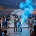 Gender Reveal Party Ideas 2026: 20 Creative & Fun Themes Celebrating a special event on a rooftop with cloud-inspired light installations and a city skyline.