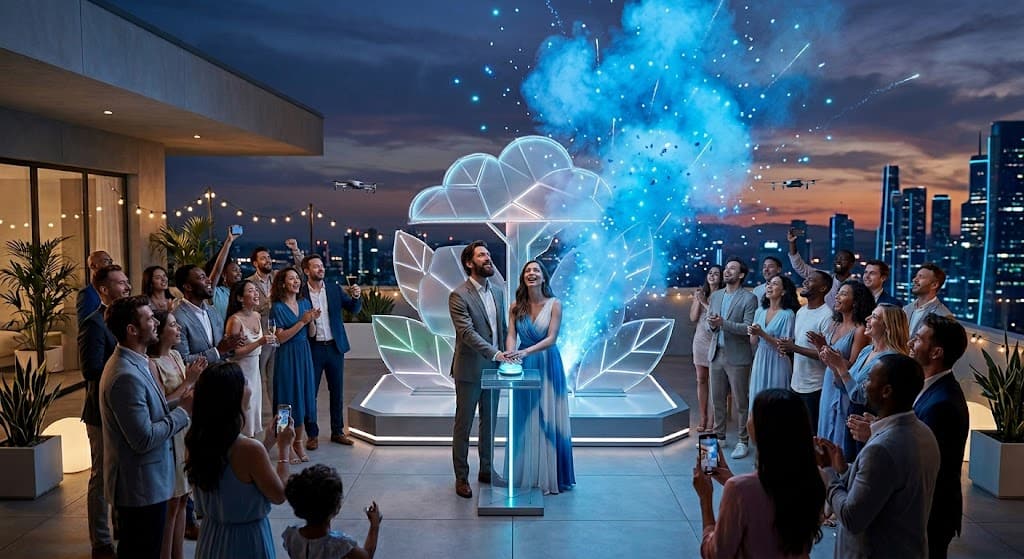 Celebrating a special event on a rooftop with cloud-inspired light installations and a city skyline.