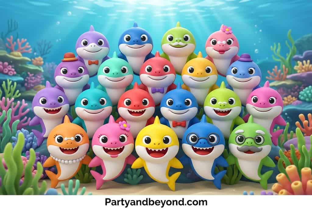 Colorful shark plush toys for kids' parties and playtime, vibrant underwater-themed design.