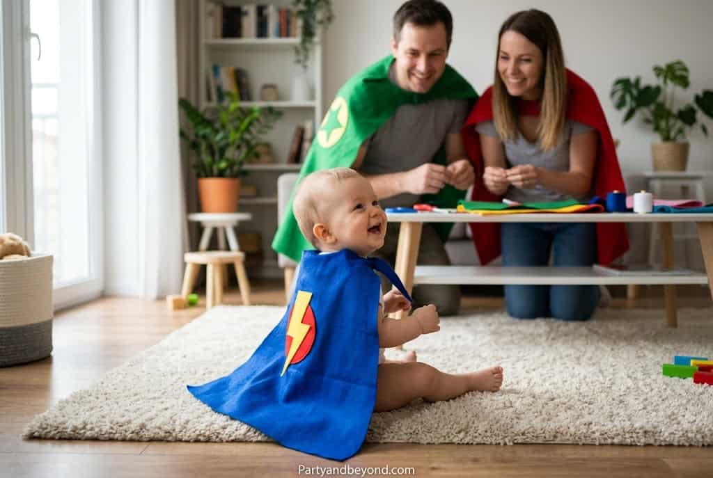 Happy family playing with a baby dressed as a superhero at home.