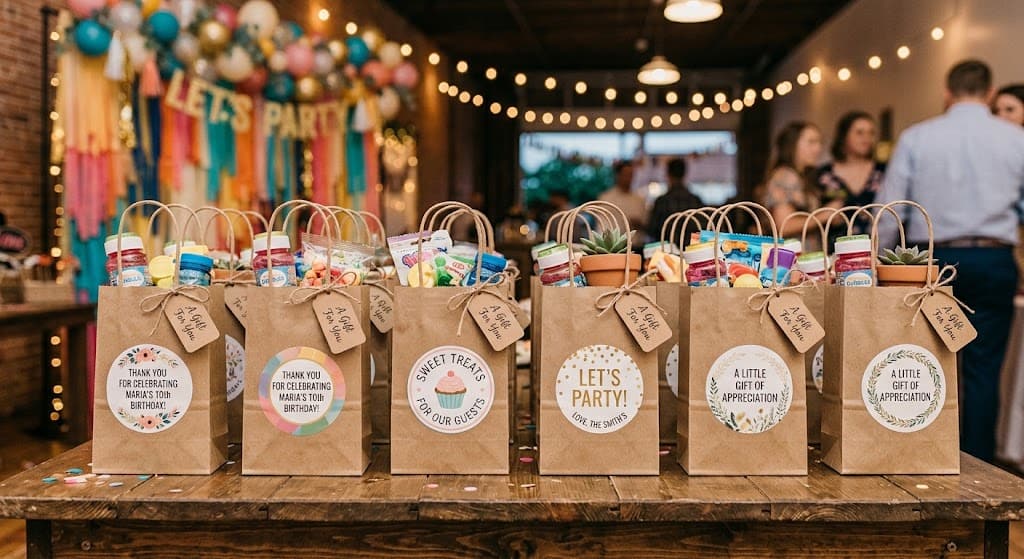 budget party decorations that look “Brown kraft paper party favor bags with custom sticker labels on display”