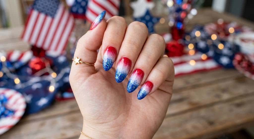 Bold patriotic nail art designs featuring glitter, polka dots, and stars for cookouts and parties.