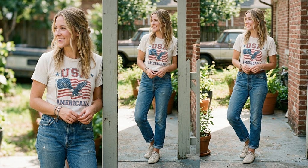 Vintage style outfit with oversized USA graphic tee and Levi denim jeans