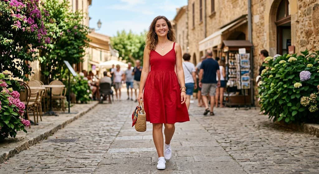 Simple red sundress paired with white sneakers and denim jacket for relaxed summer look