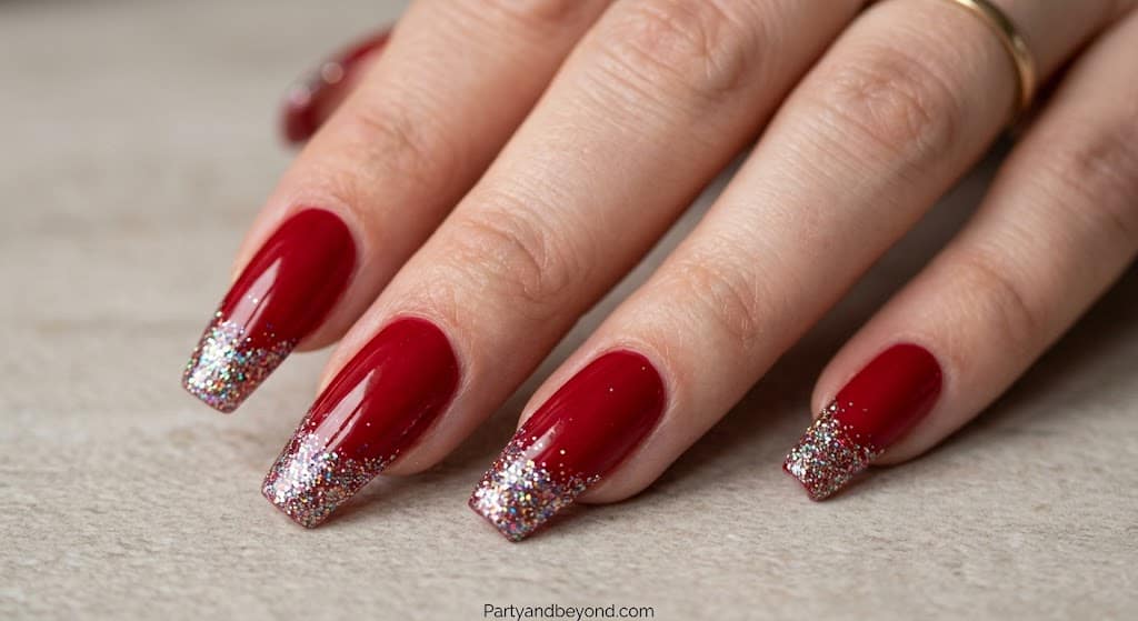 Long coffin nails with red base and red white blue glitter tips for party look.