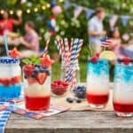 20 Red, White, and Blue 4th of July Drinks (Kid-Friendly Mocktails + Adult Cocktails) Festive 4th of July drinks with red, white, and blue colors, garnished with berries and flags, perfe.