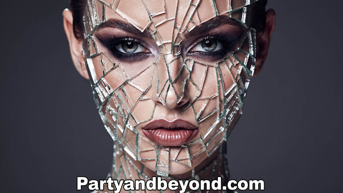 Halloween makeup illusion showing cracked shattered glass effect on face using reflective pieces