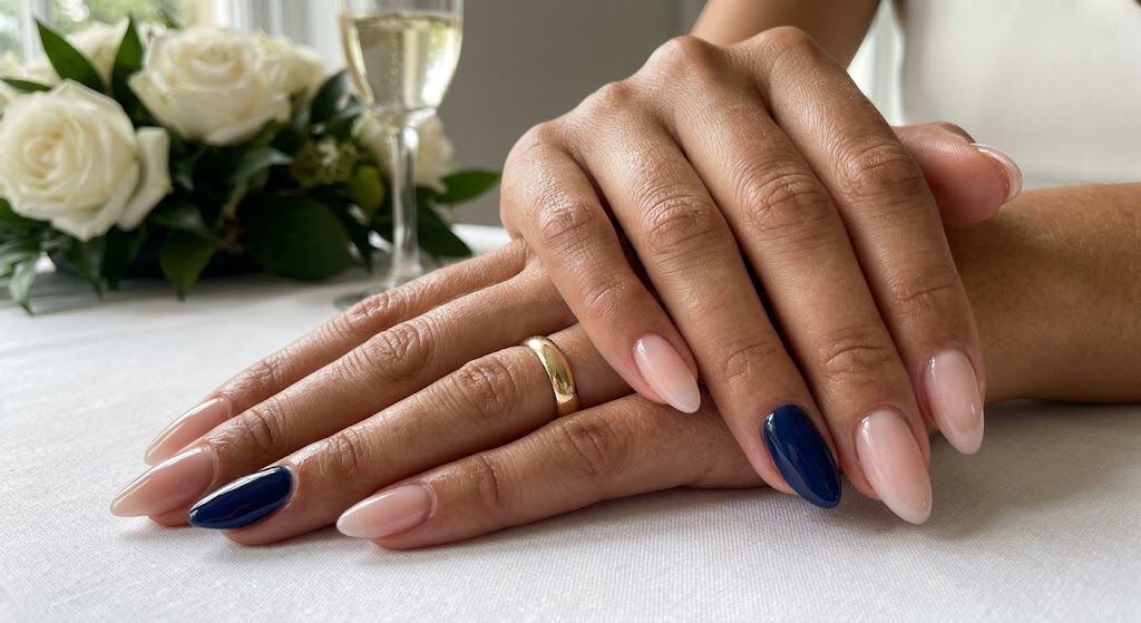 Nude sheer pink nails with one navy blue accent nail for a minimal patriotic design.
