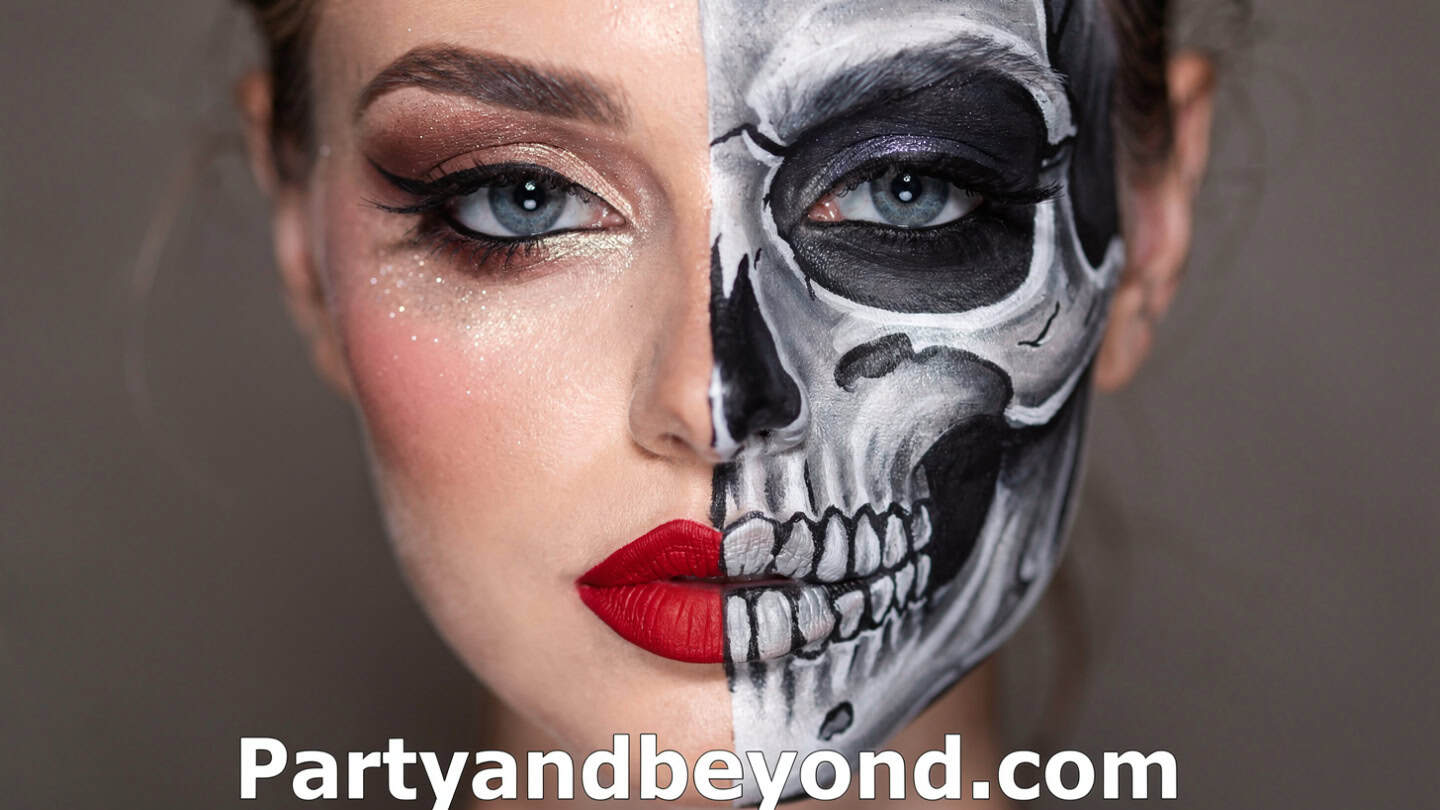 Half skull Halloween makeup combining glam beauty makeup with detailed skeleton face paint