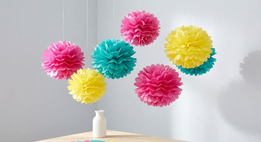 “Colorful tissue paper pom-poms hanging at different heights for budget party décor”
